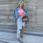 Asymmetric Distressed Hem High Rise Midi Denim Skirt - Blue